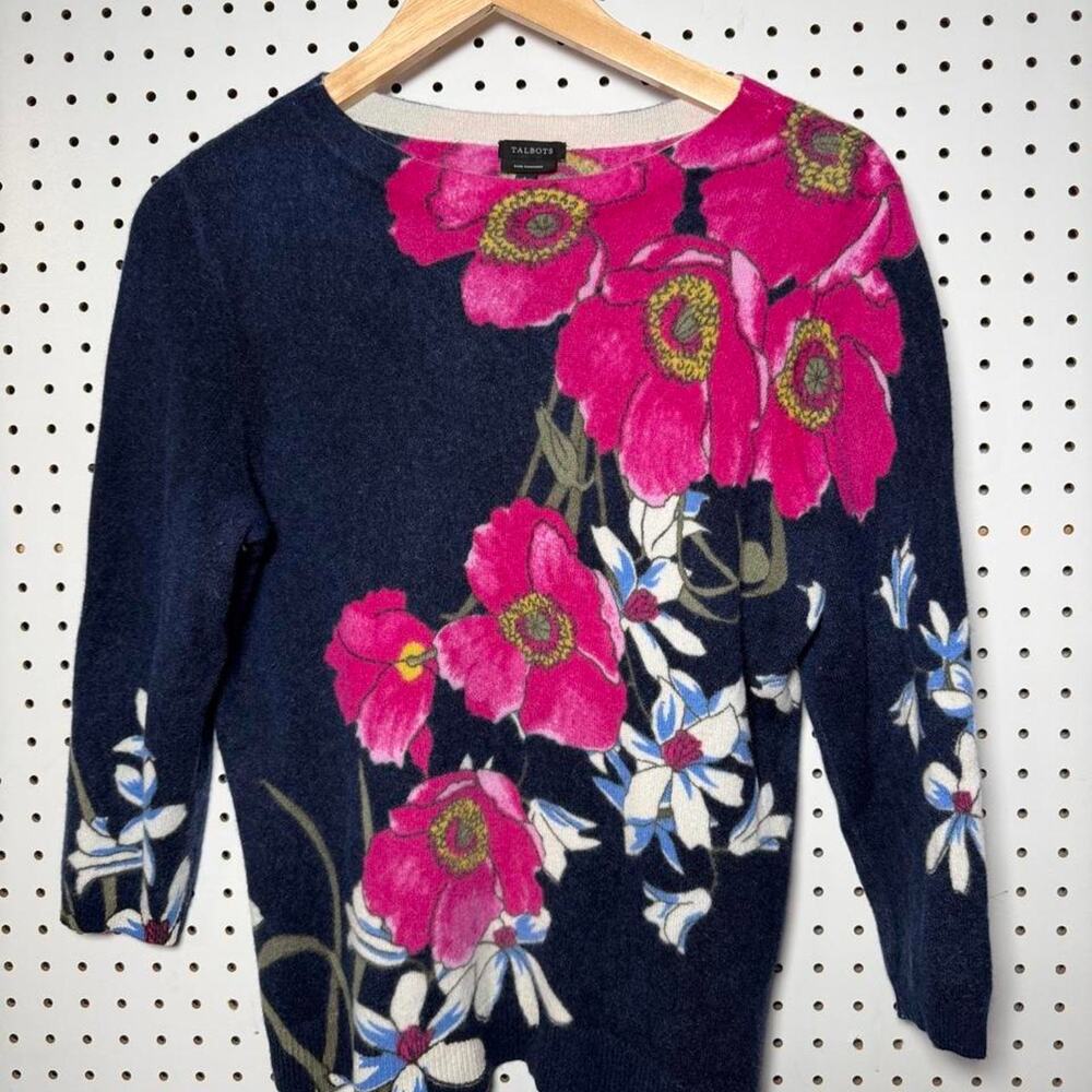 Talbots 100% cashmere navy blue floral sweater women's size large